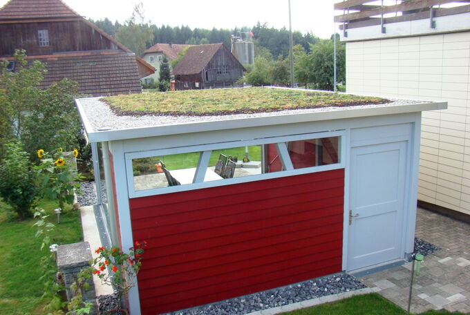 Ansicht Rückseite des Gartensitzplatzes mit Schlaung und Türe